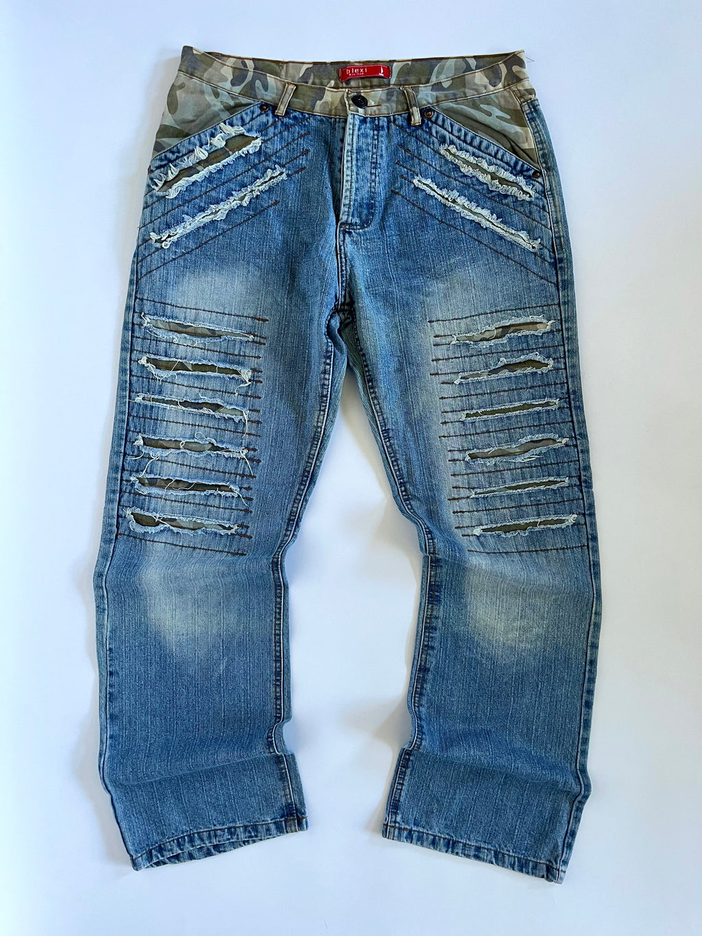 Camo distressed straight leg jeans