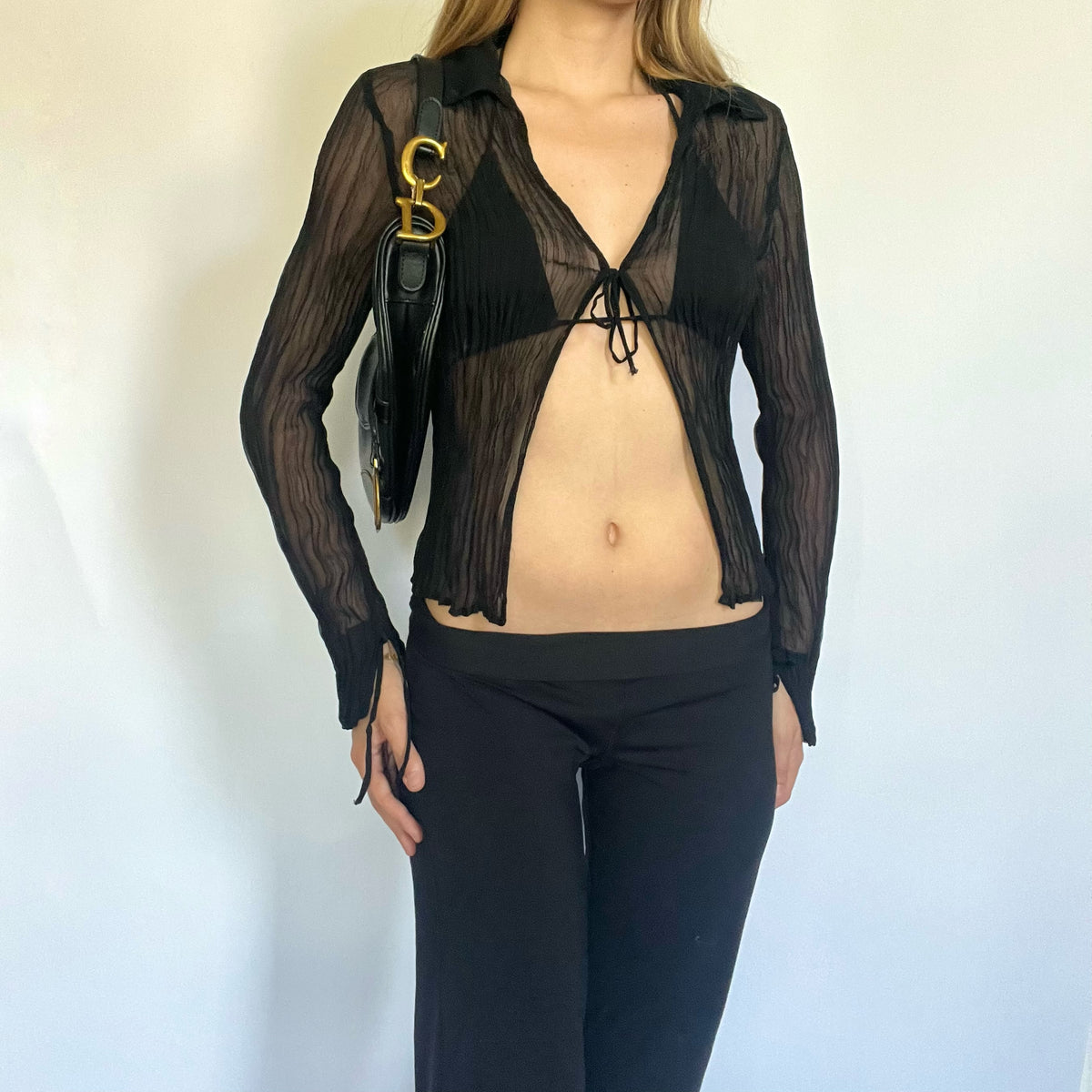 Pleated black mesh tie shirt