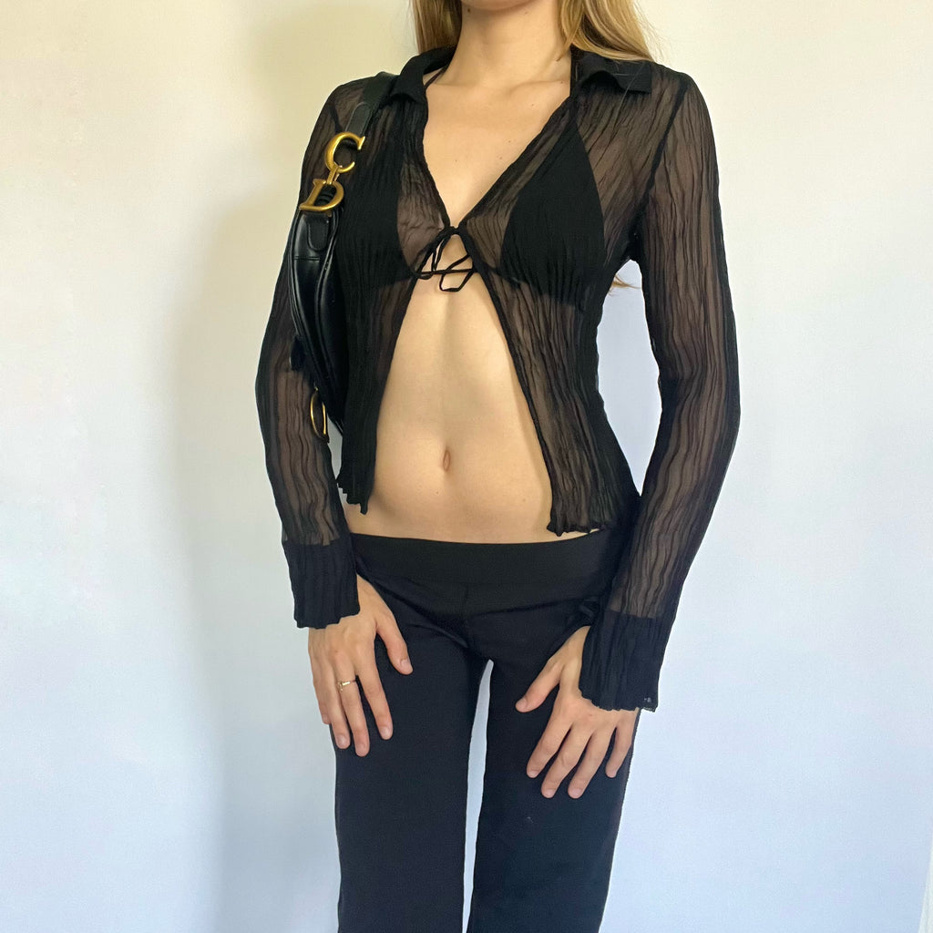 Pleated black mesh tie shirt