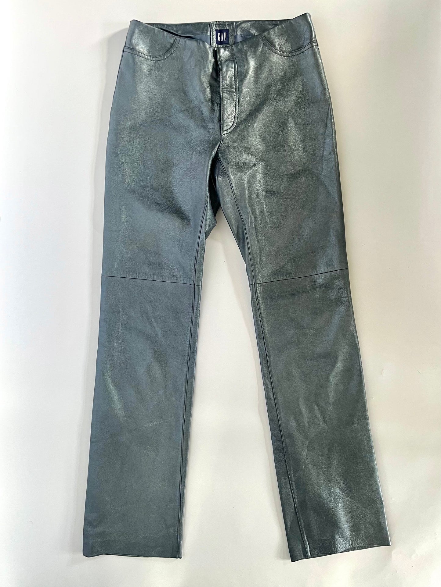 Blue genuine leather straight leg trousers