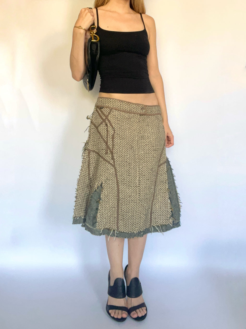 Distressed tweed knee length skirt