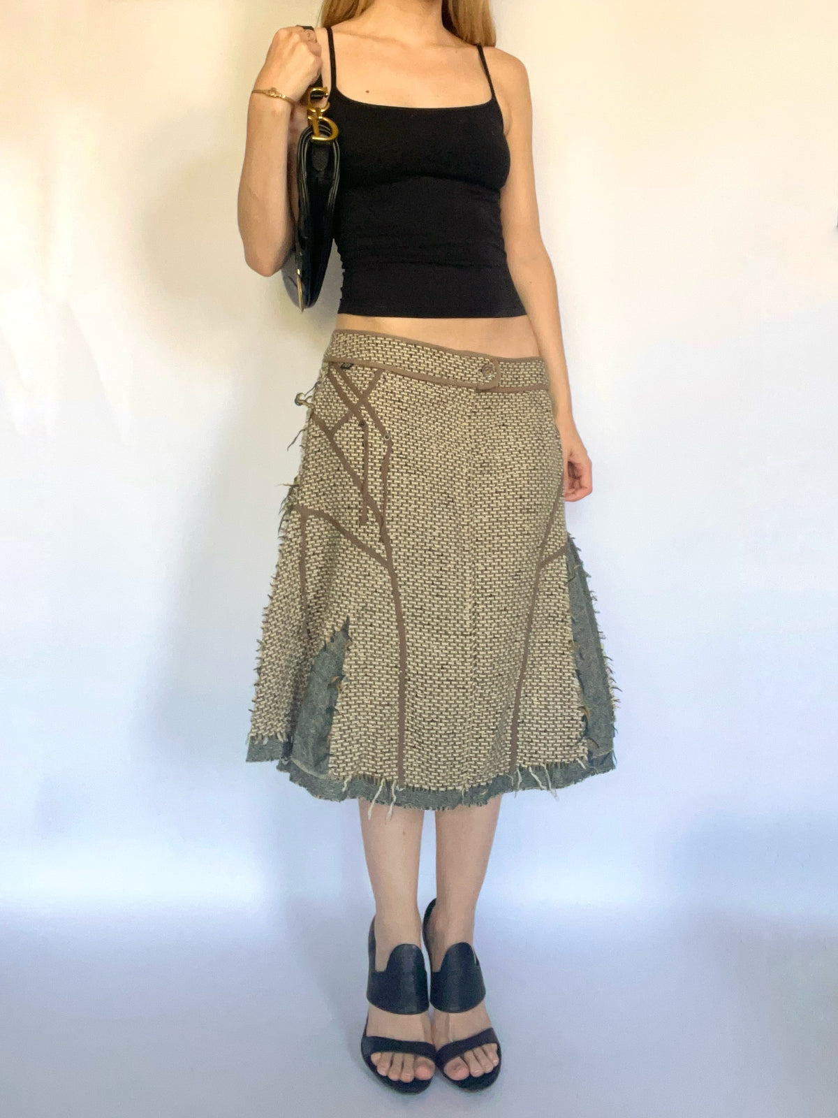 Distressed tweed knee length skirt