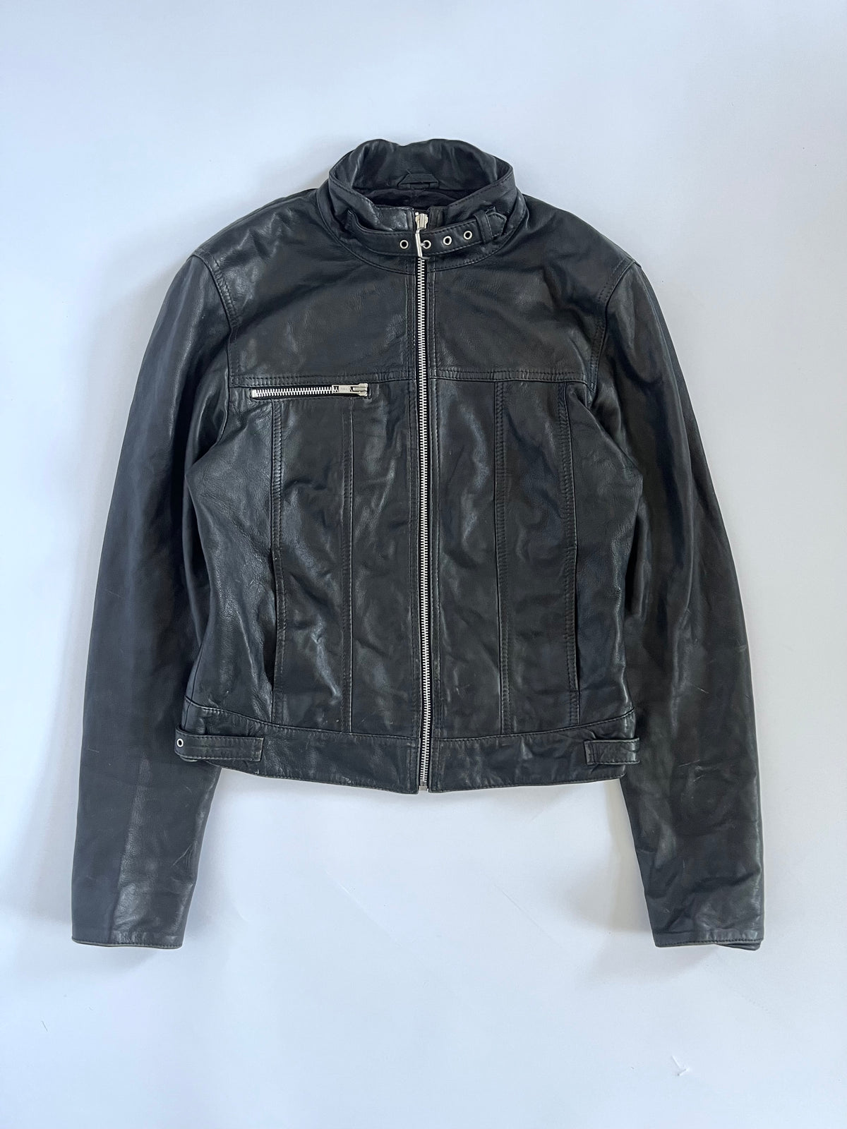 Black genuine leather buckle zip up moto jacket