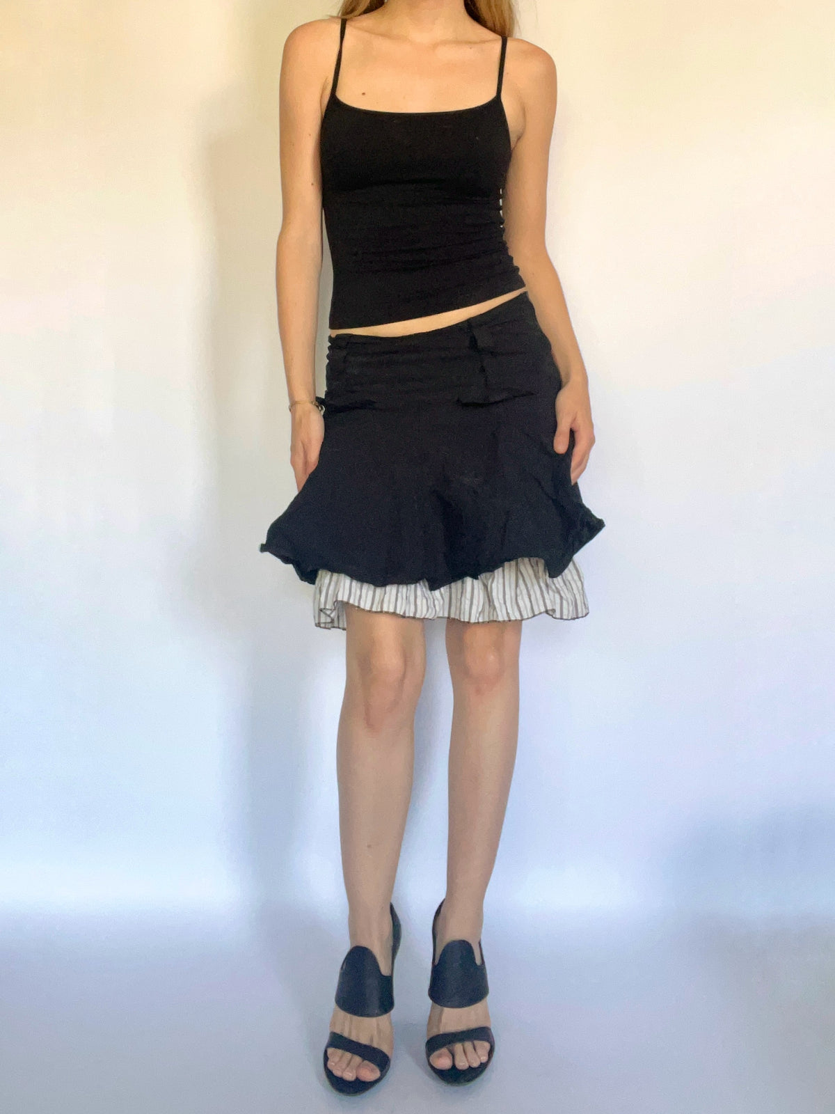Black & stripe ruffle knee length skirt