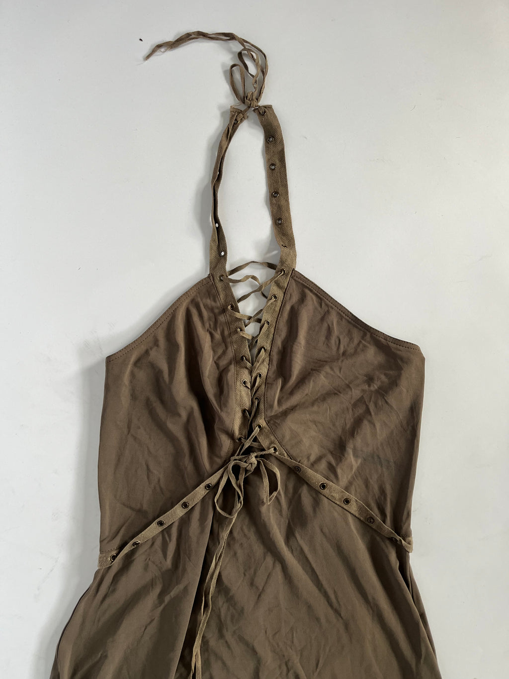 Slinky khaki green lace up halter neck mini dress