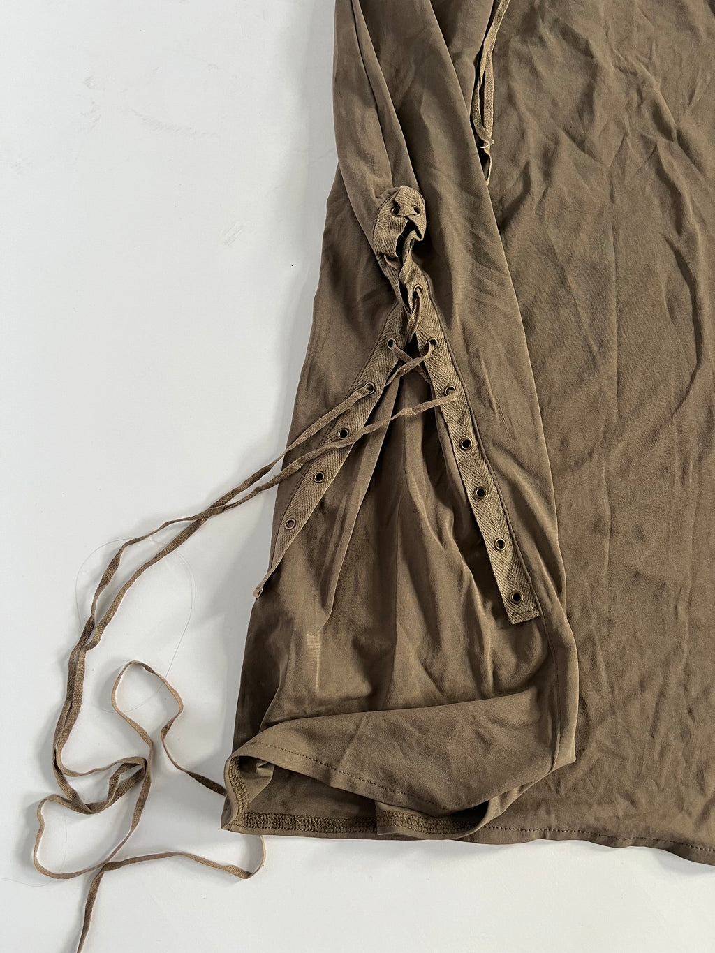 Slinky khaki green lace up halter neck mini dress