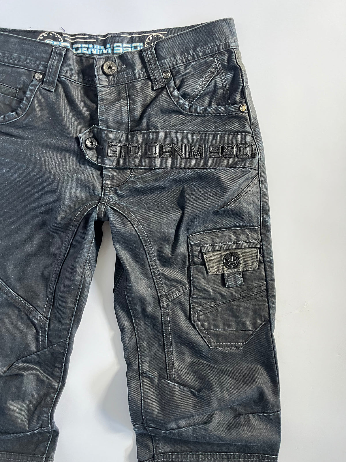 Black subversive Japanese style waxed straight leg jeans