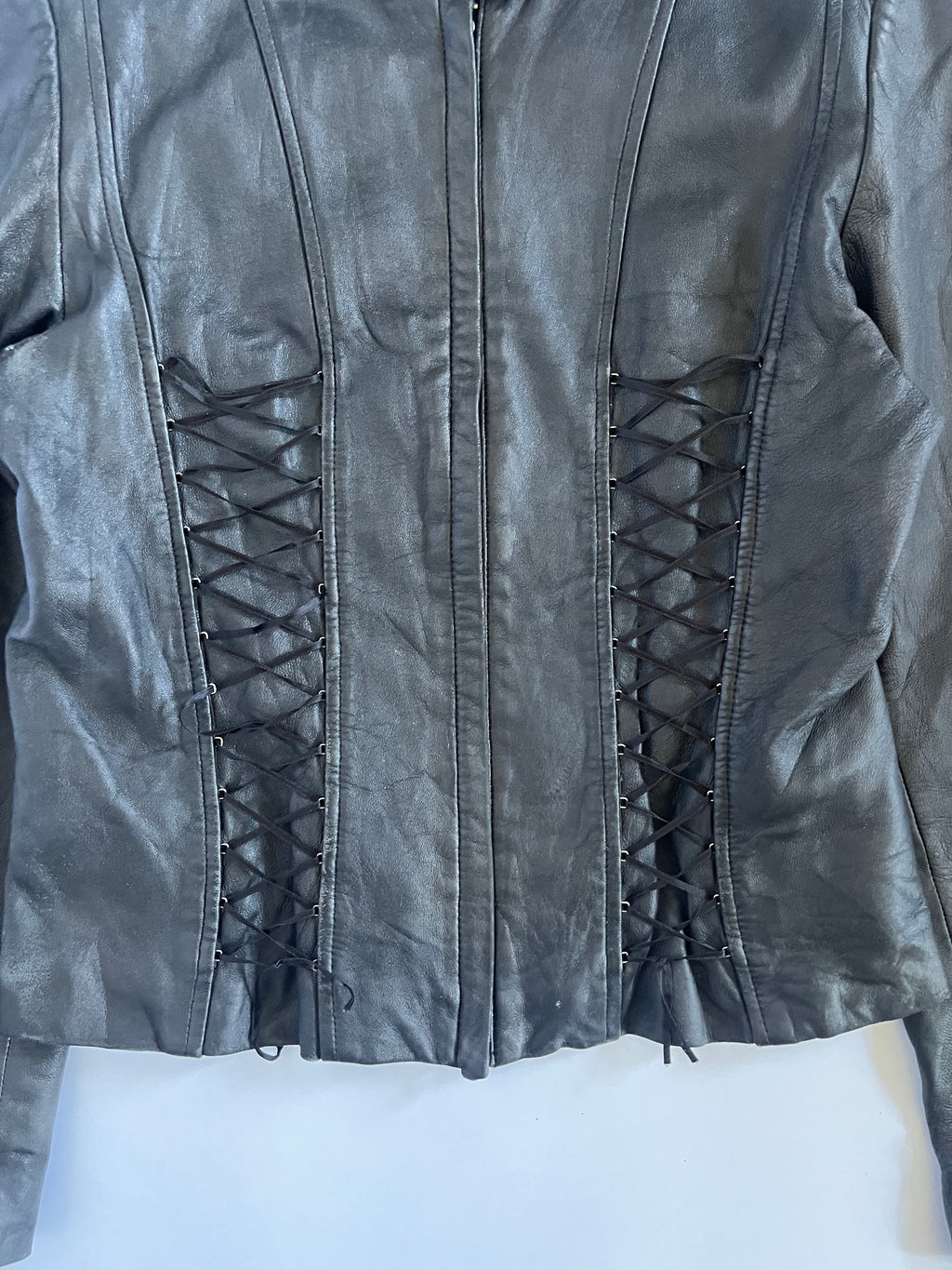 Black genuine leather lace up moto jacket