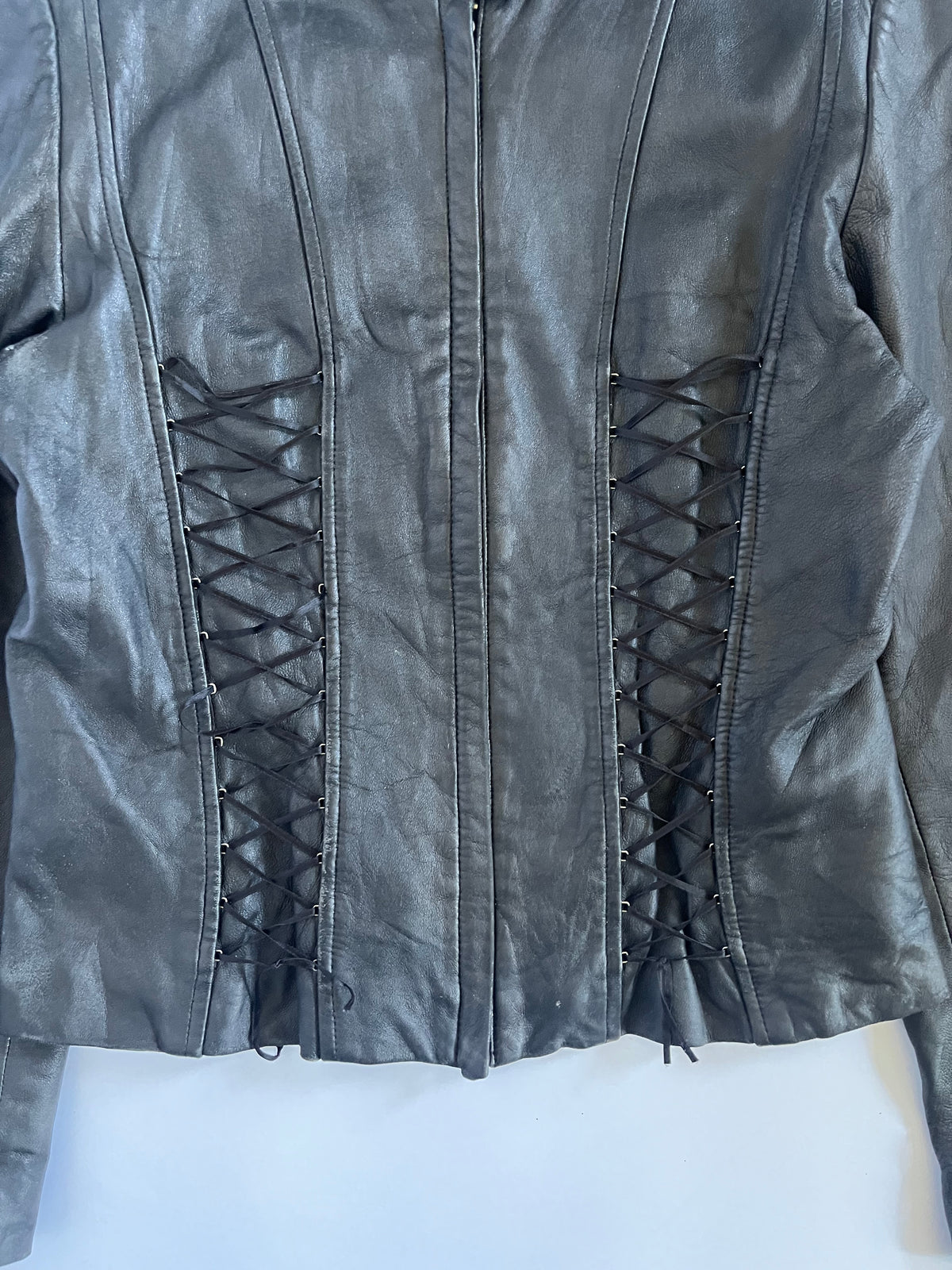 Black genuine leather lace up moto jacket
