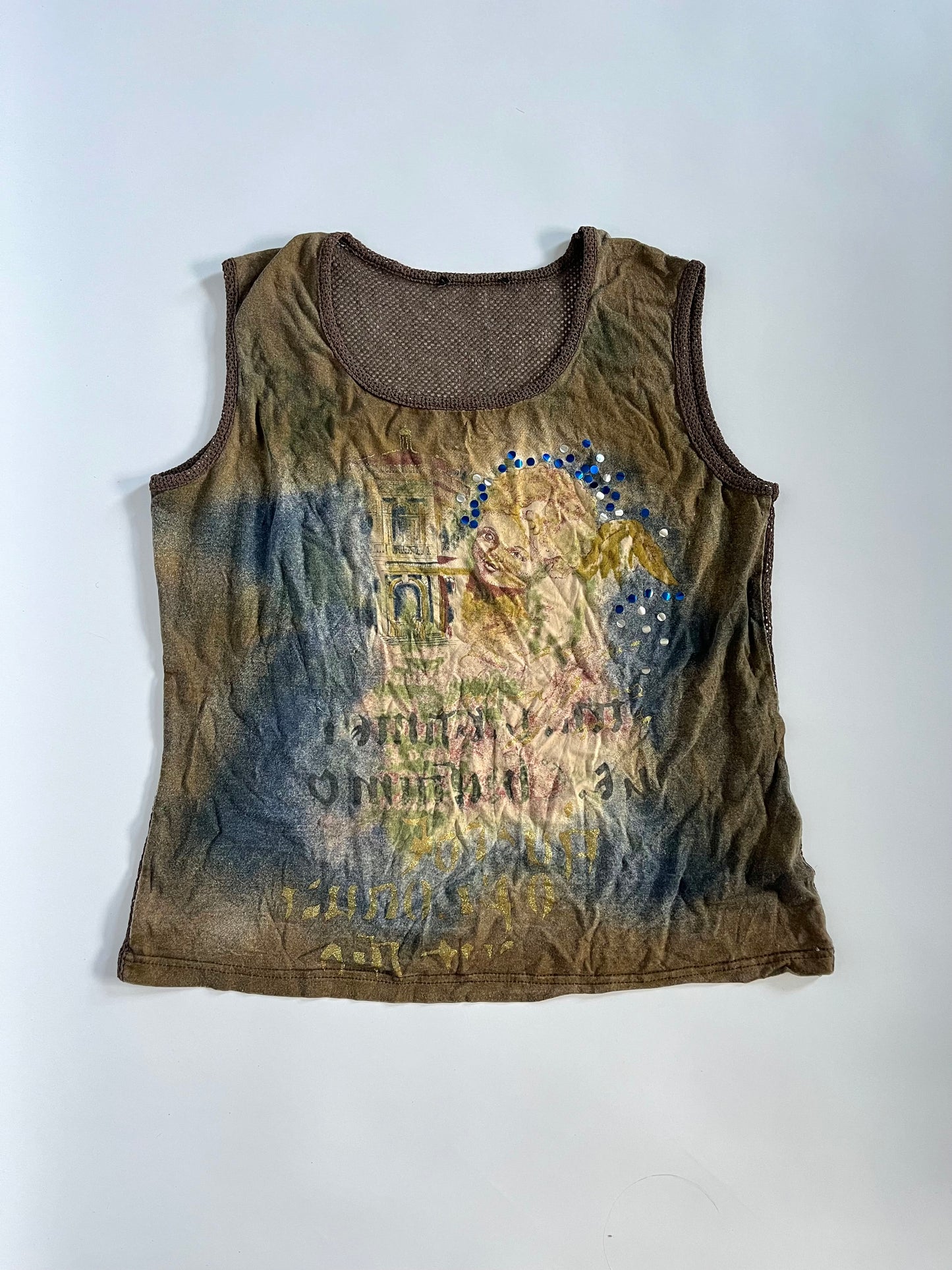 French graphic mesh back tank top