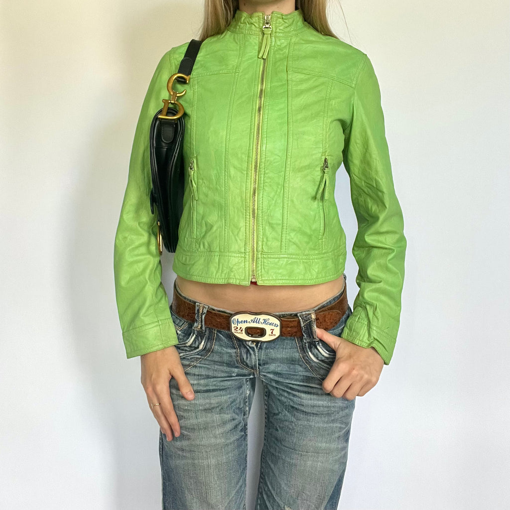 Tight fit green leather zip up moto jacket