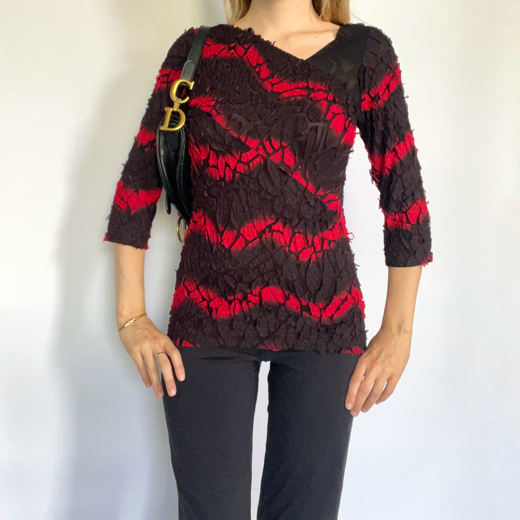 Black & red asymmetric 3/4 length sleeve top