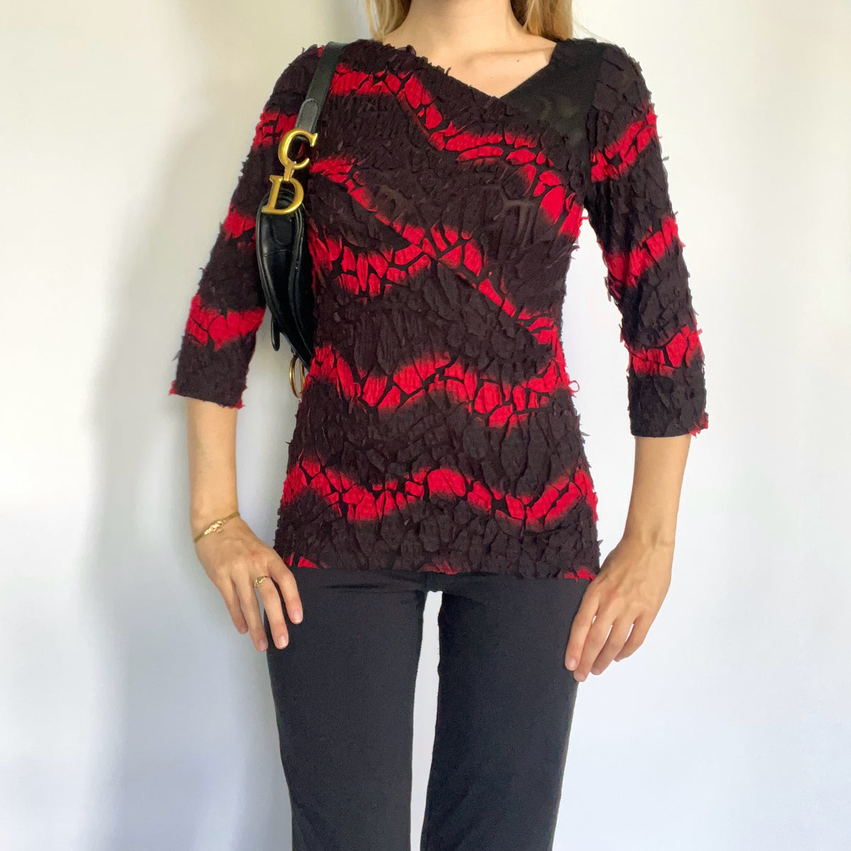 Black & red asymmetric 3/4 length sleeve top
