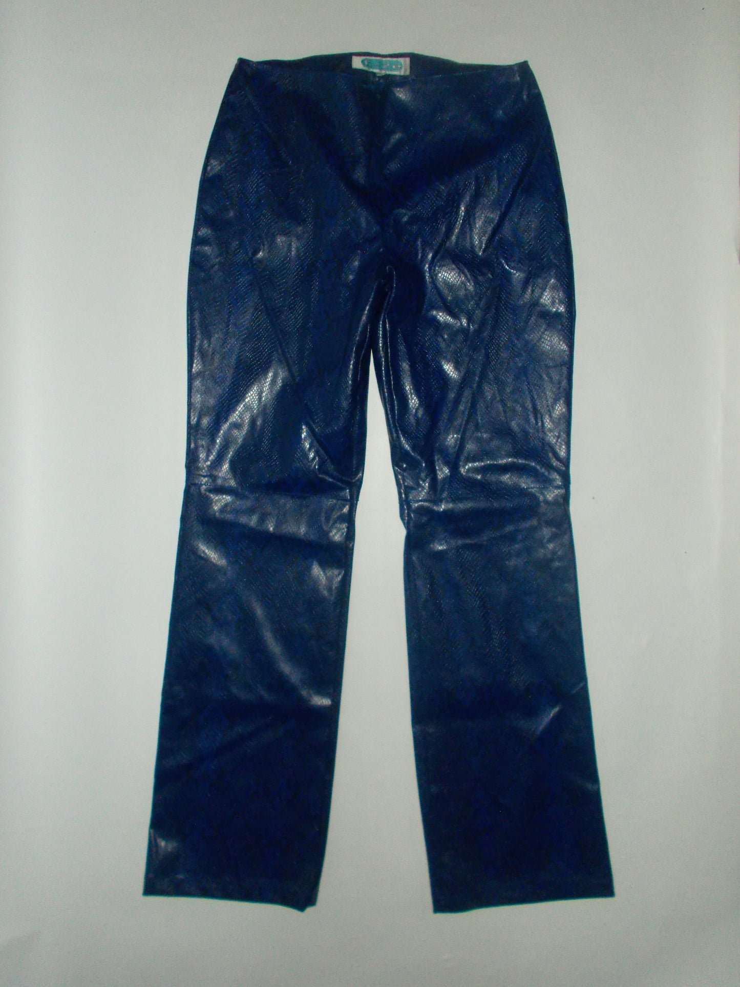 Blue patent snakeskin trousers