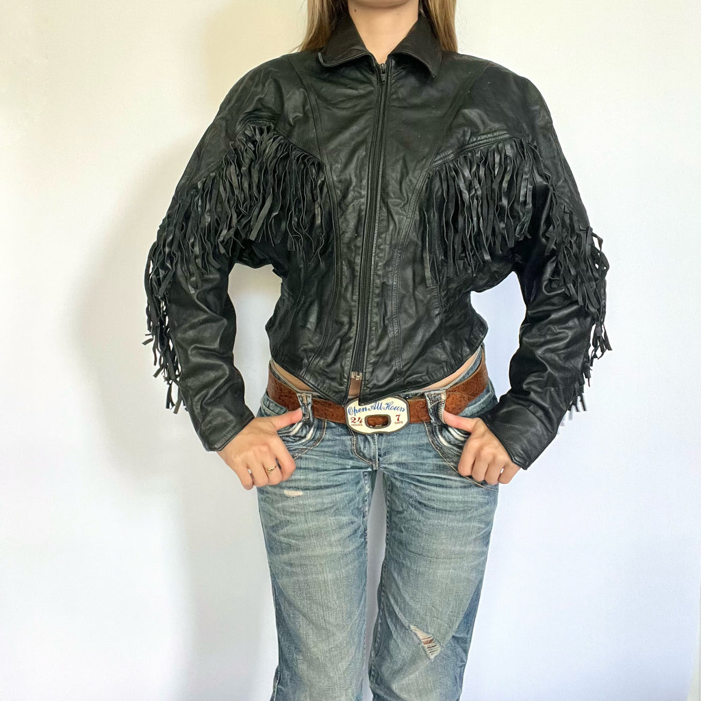 Black leather fringe western jacket