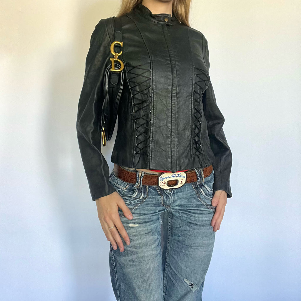 Black genuine leather lace up moto jacket