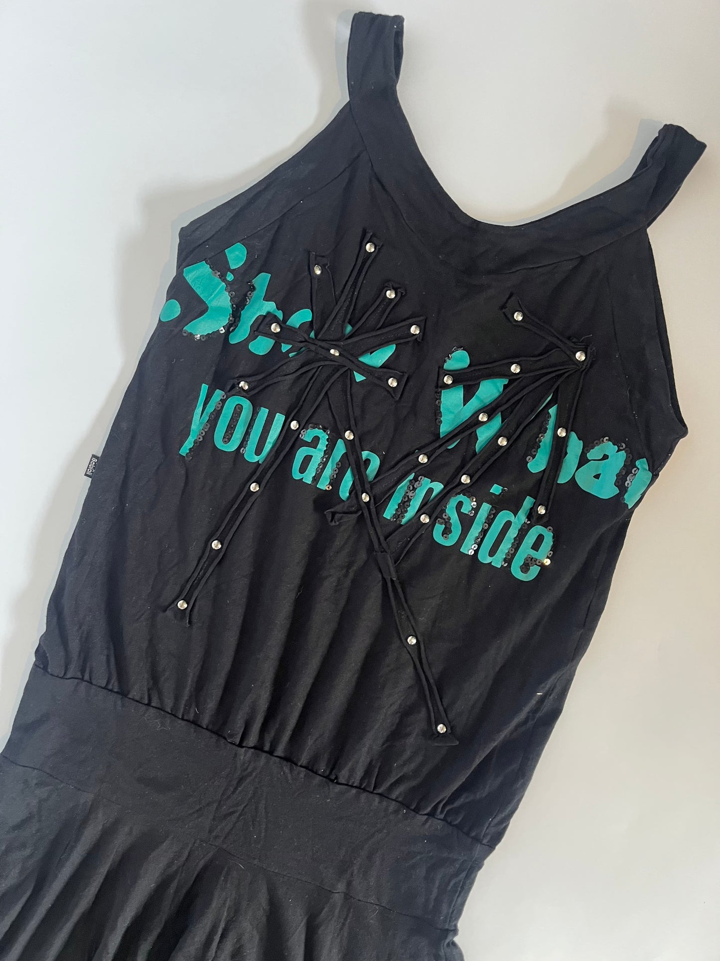 Studded slogan black mini dress