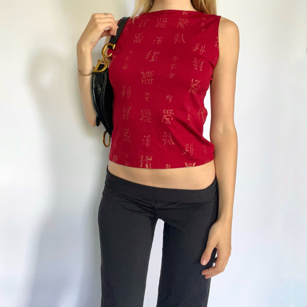 Red asian text graphic tank top