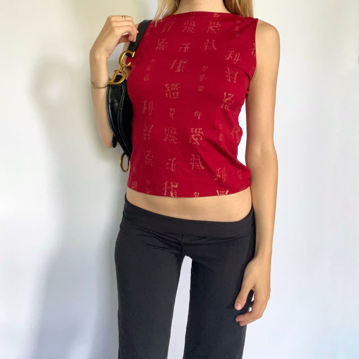 Red asian text graphic tank top
