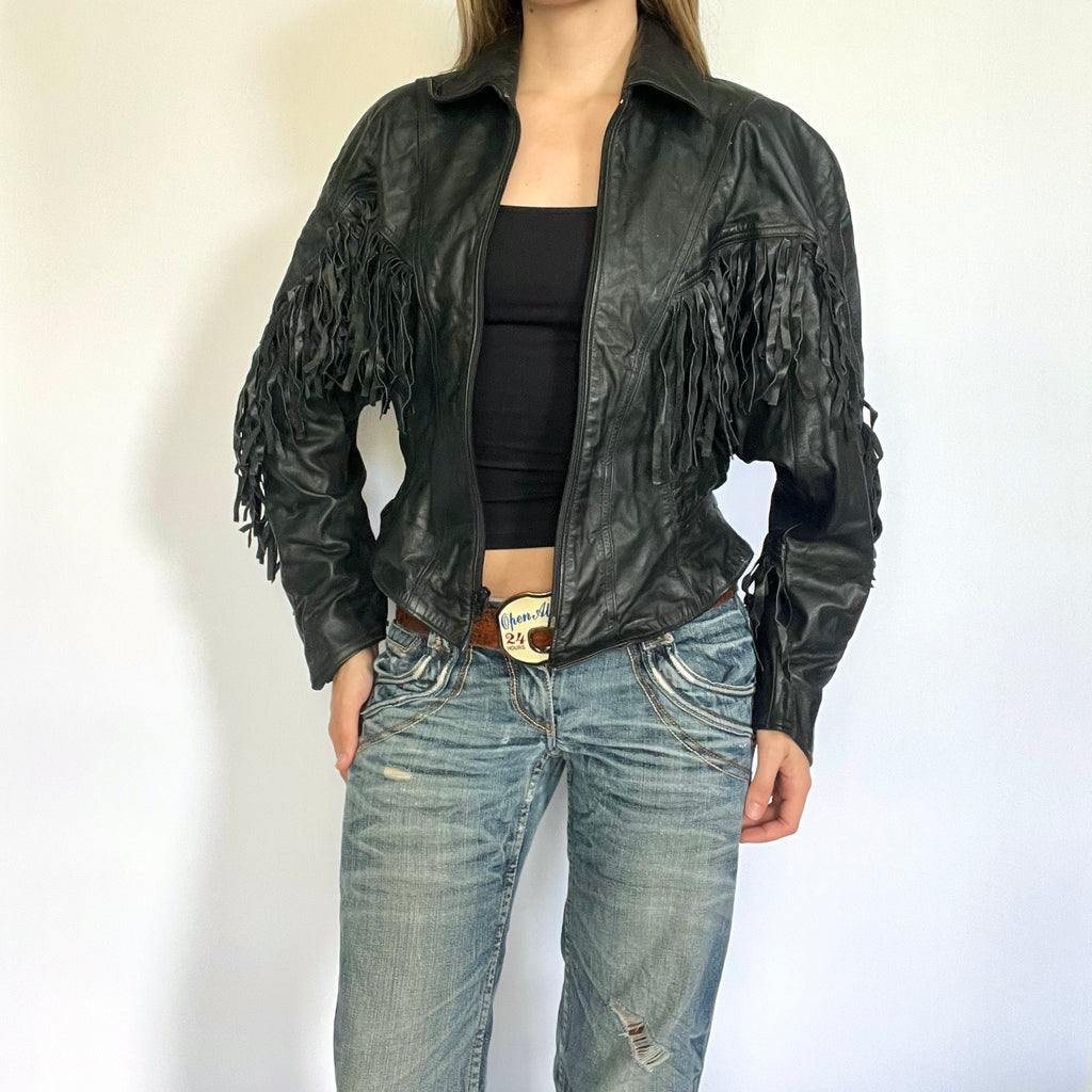 Black leather fringe western jacket