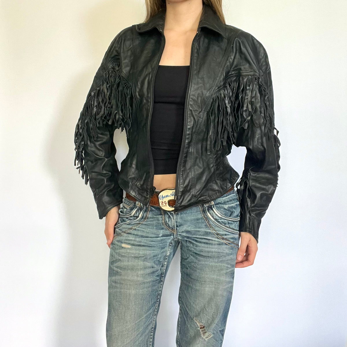 Black leather fringe western jacket