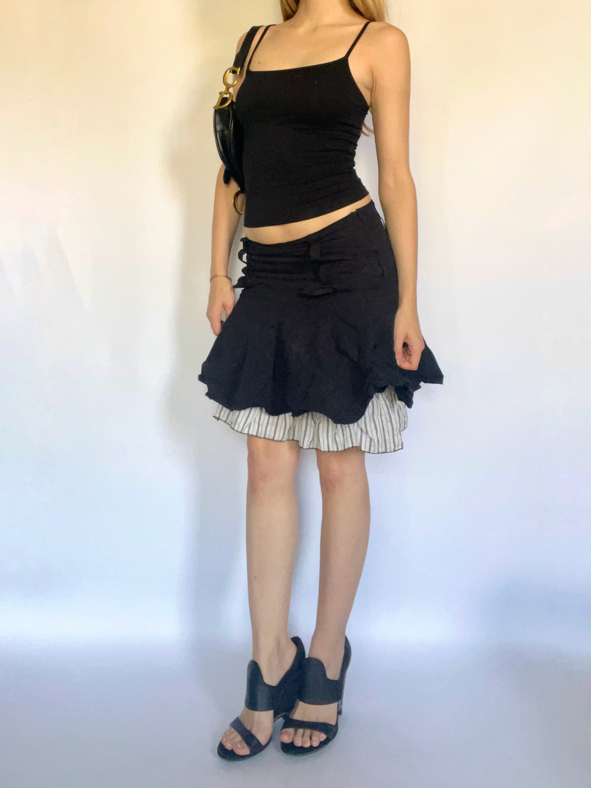 Black & stripe ruffle knee length skirt