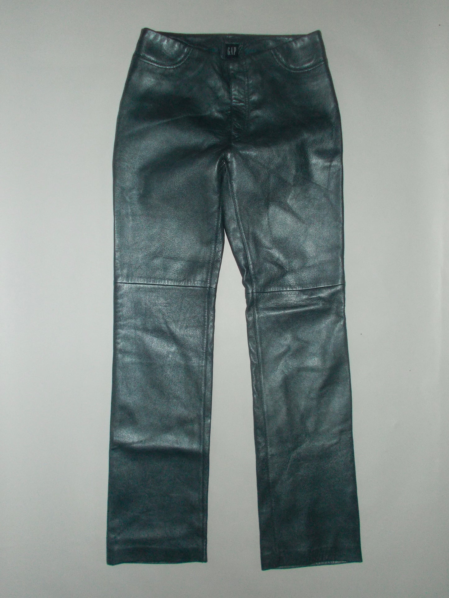 Blue genuine leather straight leg trousers