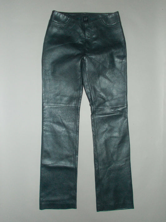 Blue genuine leather straight leg trousers