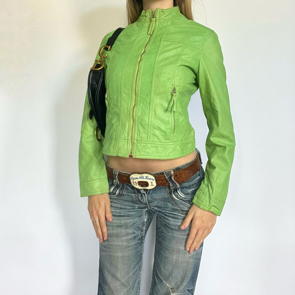 Tight fit green leather zip up moto jacket