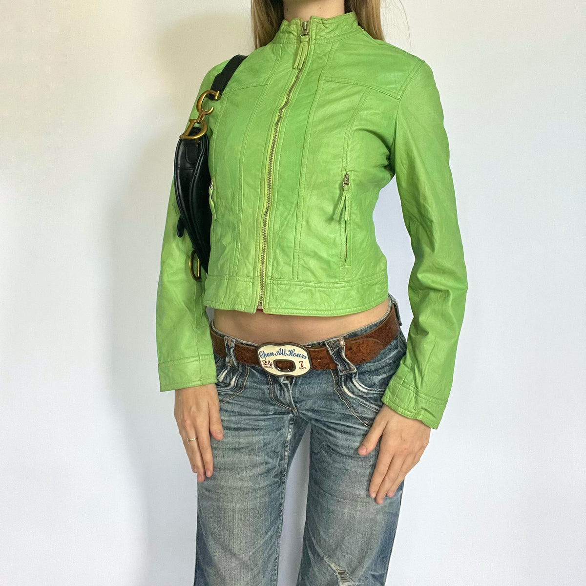 Tight fit green leather zip up moto jacket