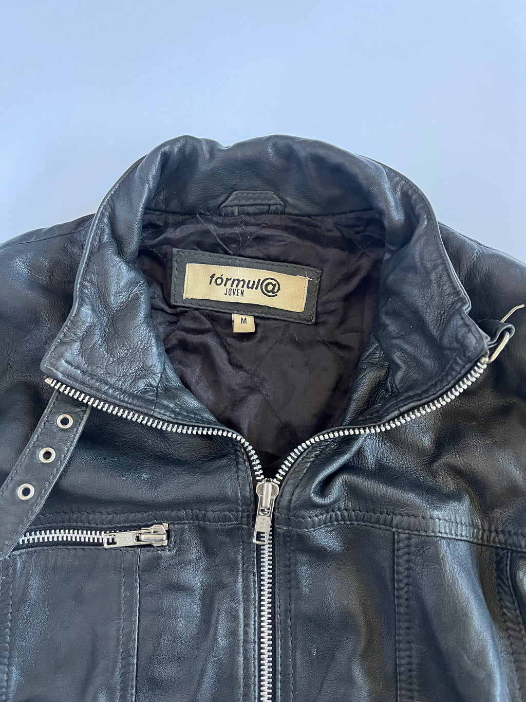 Black genuine leather buckle zip up moto jacket