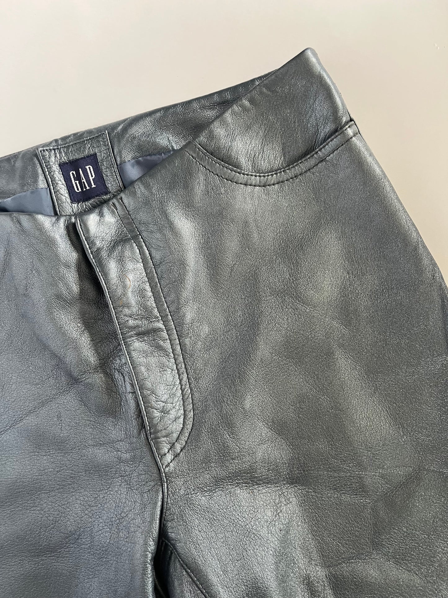 Blue genuine leather straight leg trousers