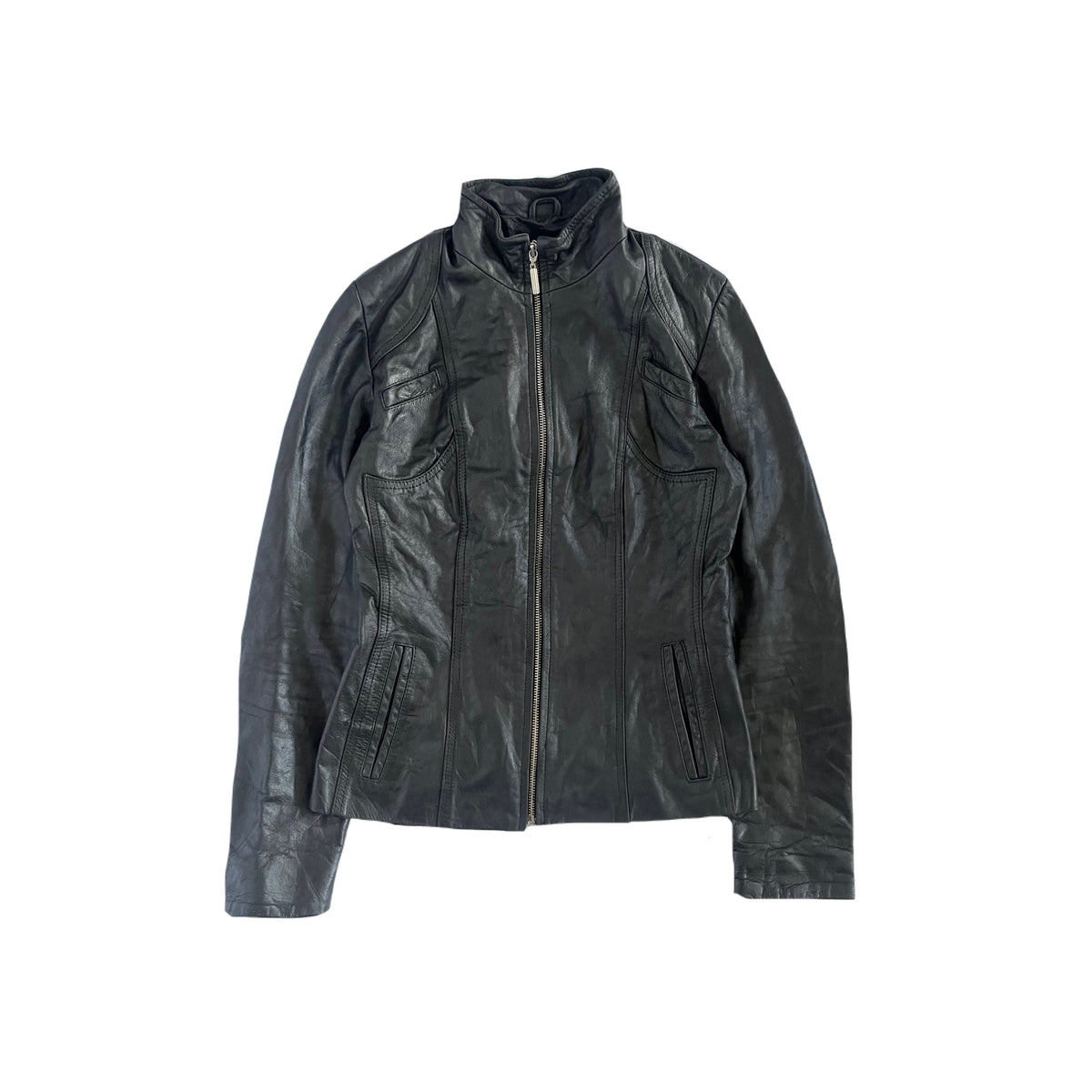 Black tight fit zip up leather jacket