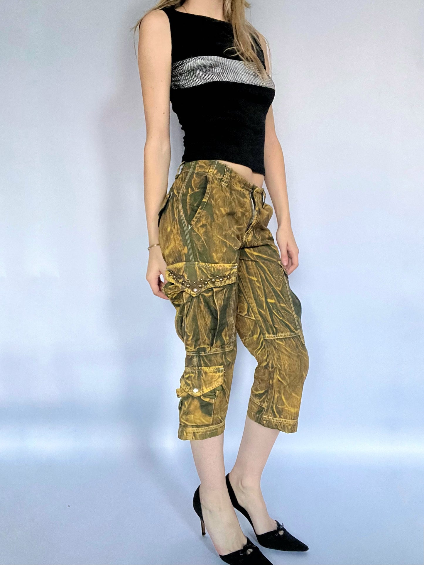 Tie dye studded cargo capris