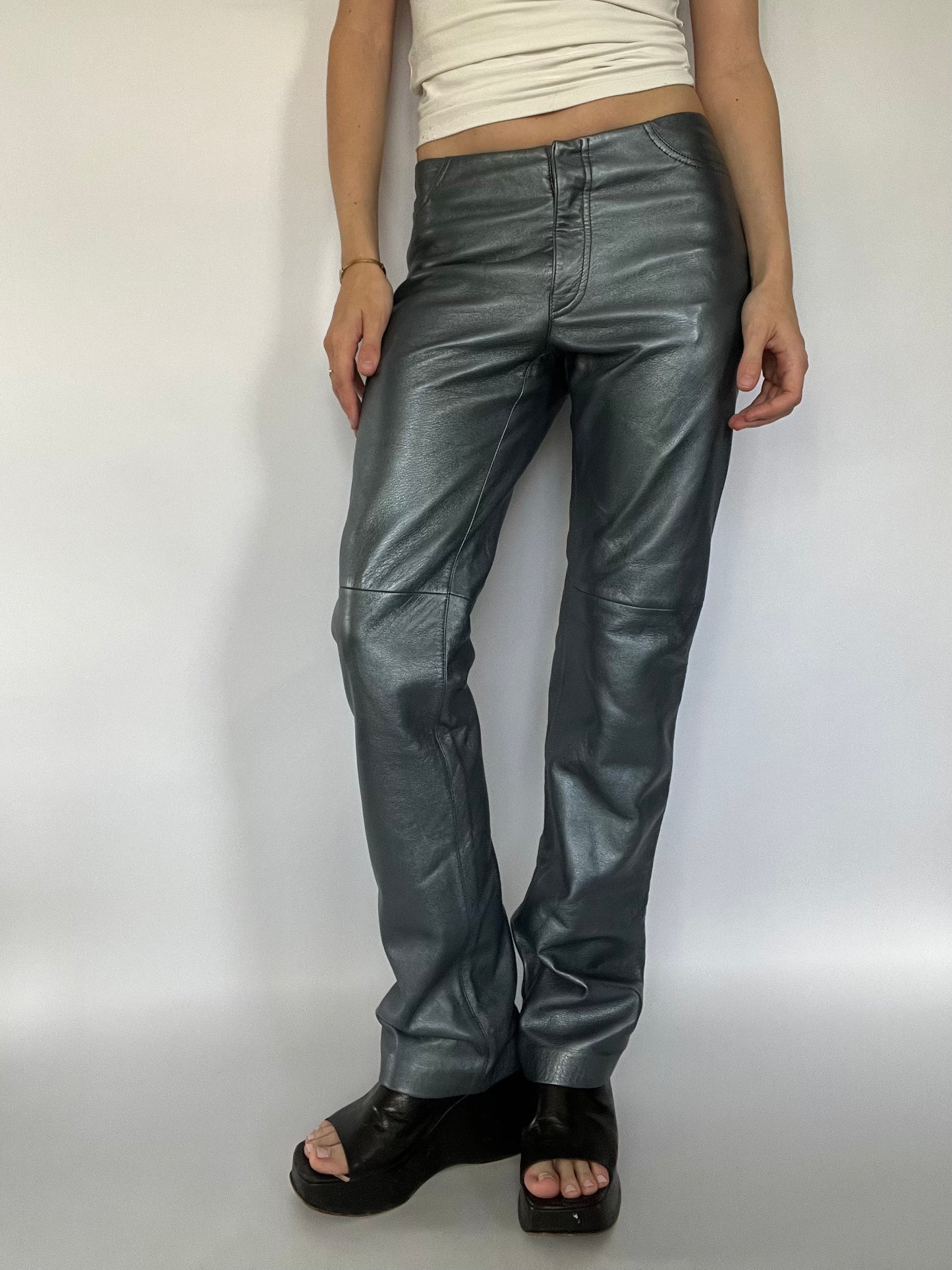 Blue genuine leather straight leg trousers