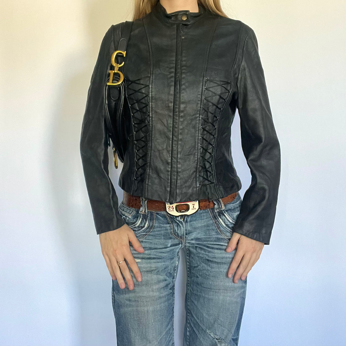 Black genuine leather lace up moto jacket