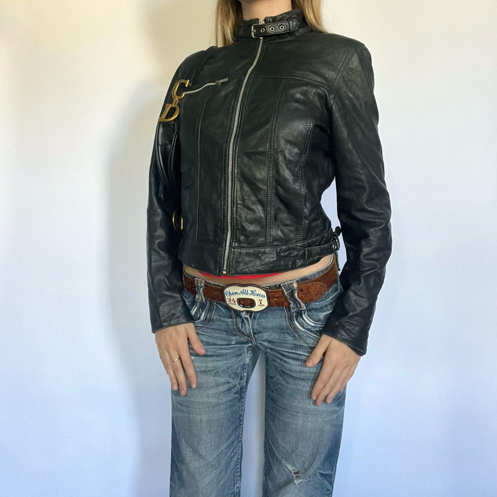 Black genuine leather buckle zip up moto jacket