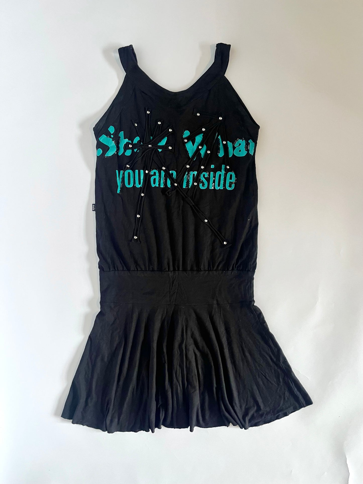 Studded slogan black mini dress