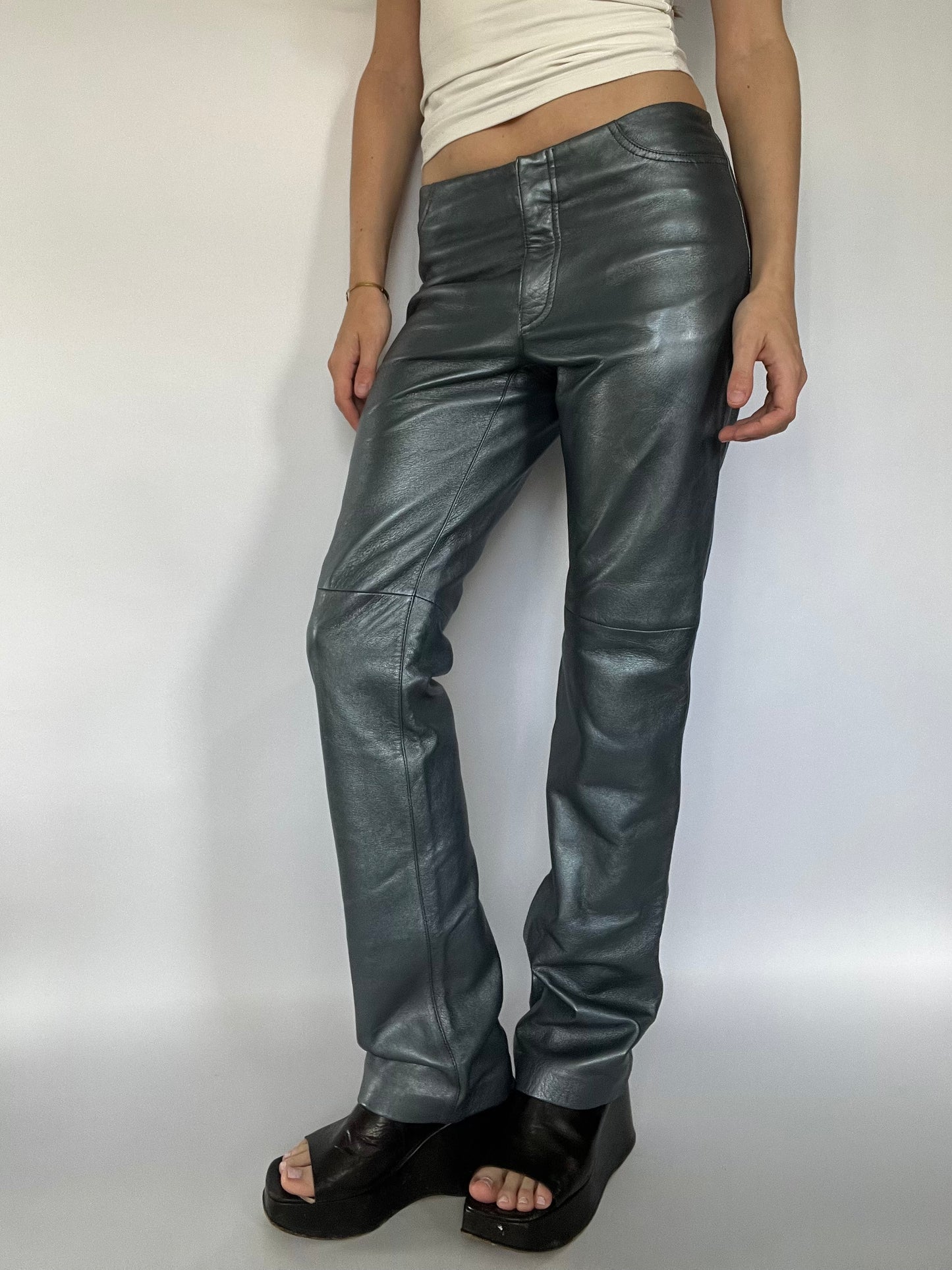 Blue genuine leather straight leg trousers