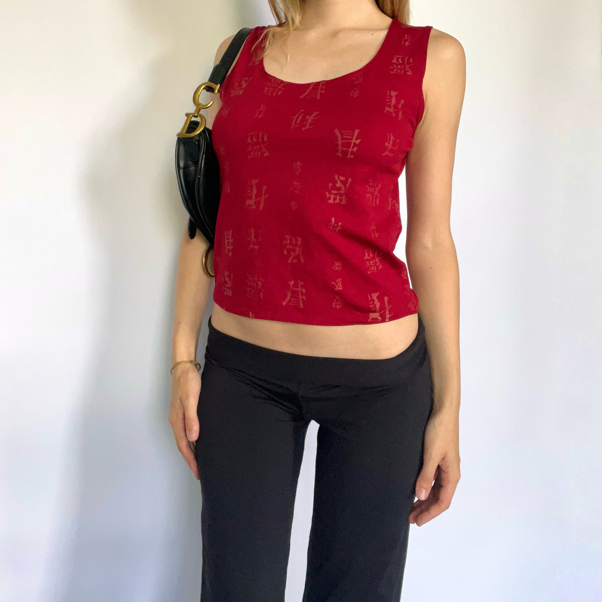 Red asian text graphic tank top
