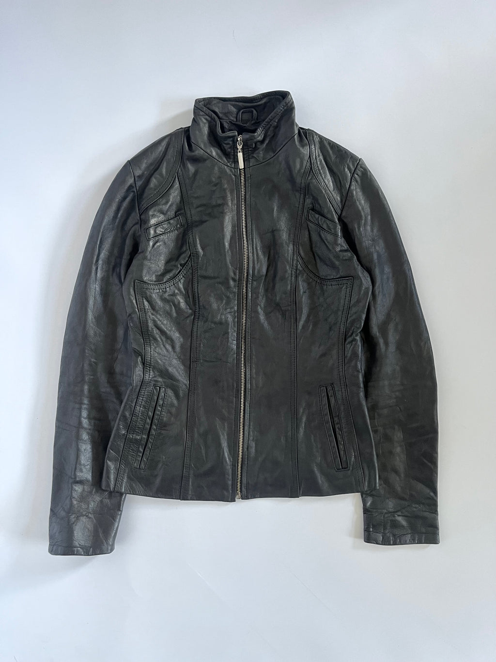 Black tight fit zip up leather jacket