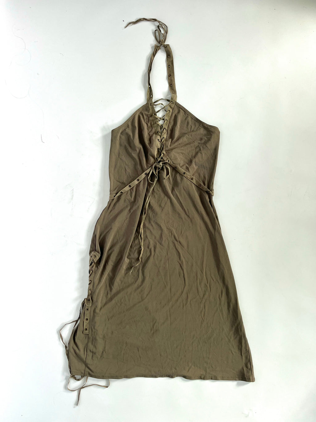 Slinky khaki green lace up halter neck mini dress