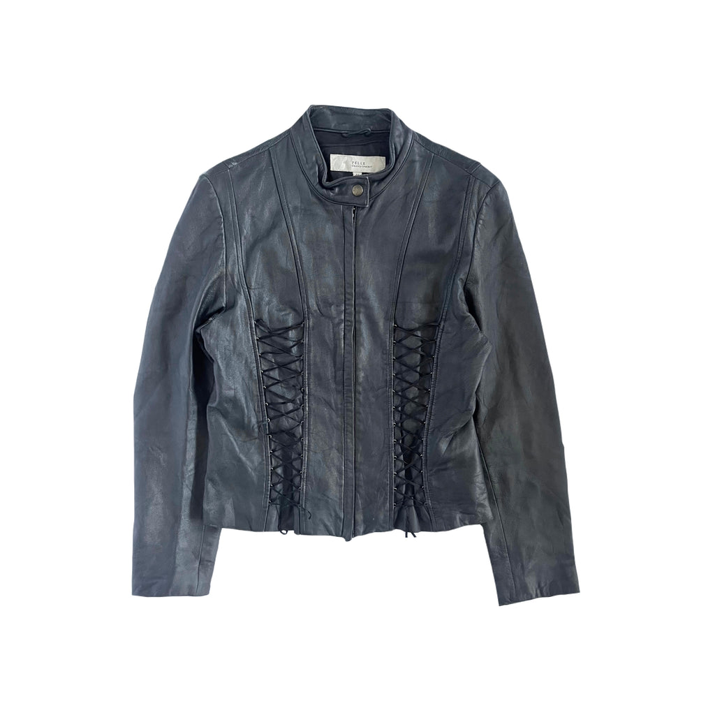 Black genuine leather lace up moto jacket