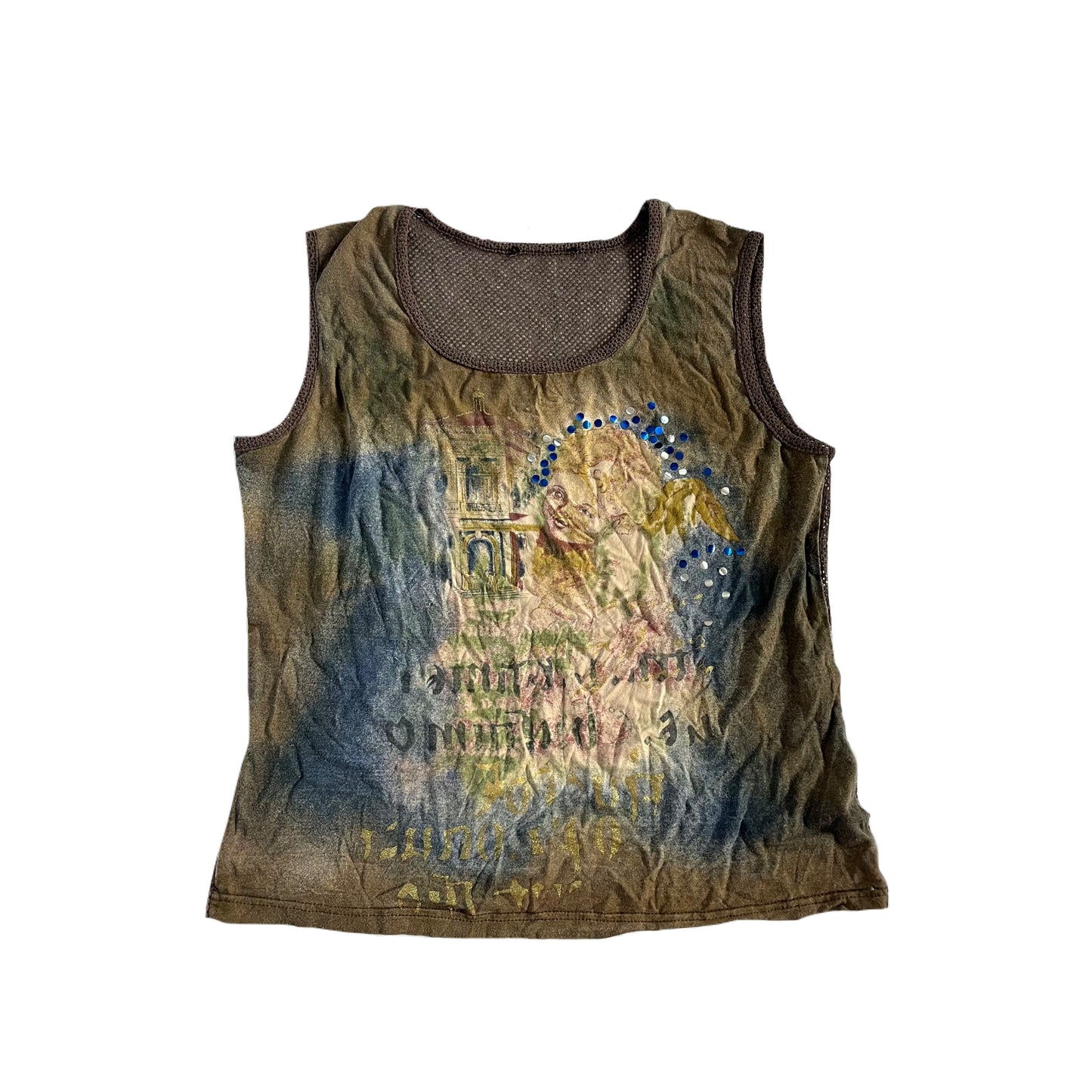 French graphic mesh back tank top
