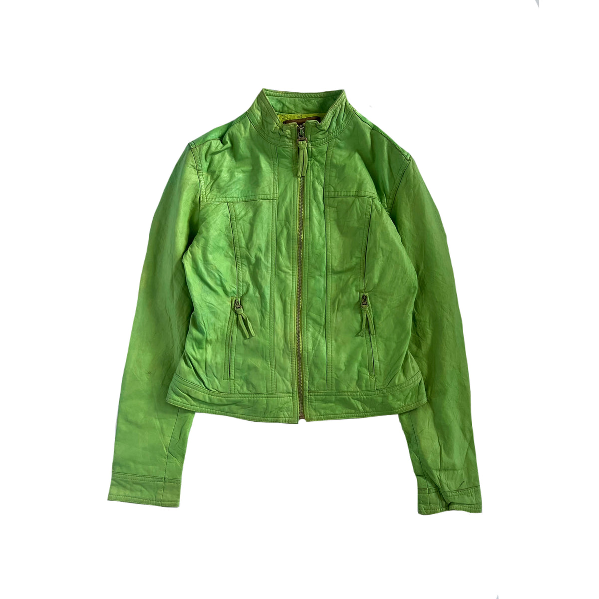 Tight fit green leather zip up moto jacket