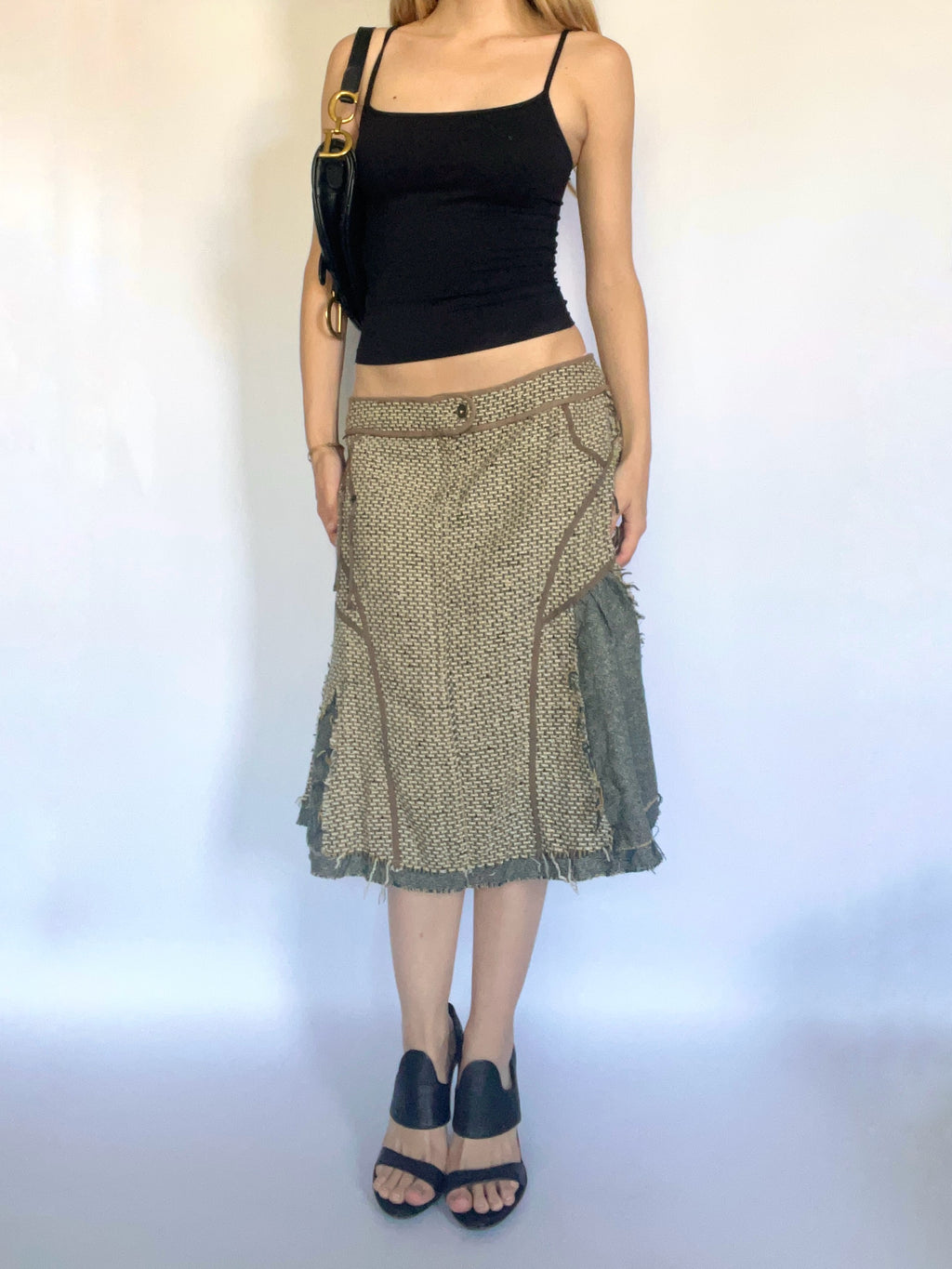 Distressed tweed knee length skirt