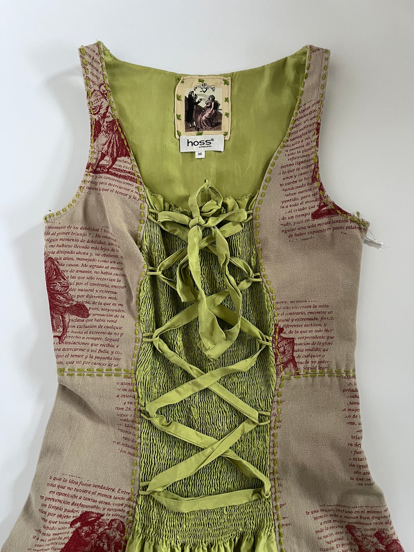 Green graphic lace up milk maid dress