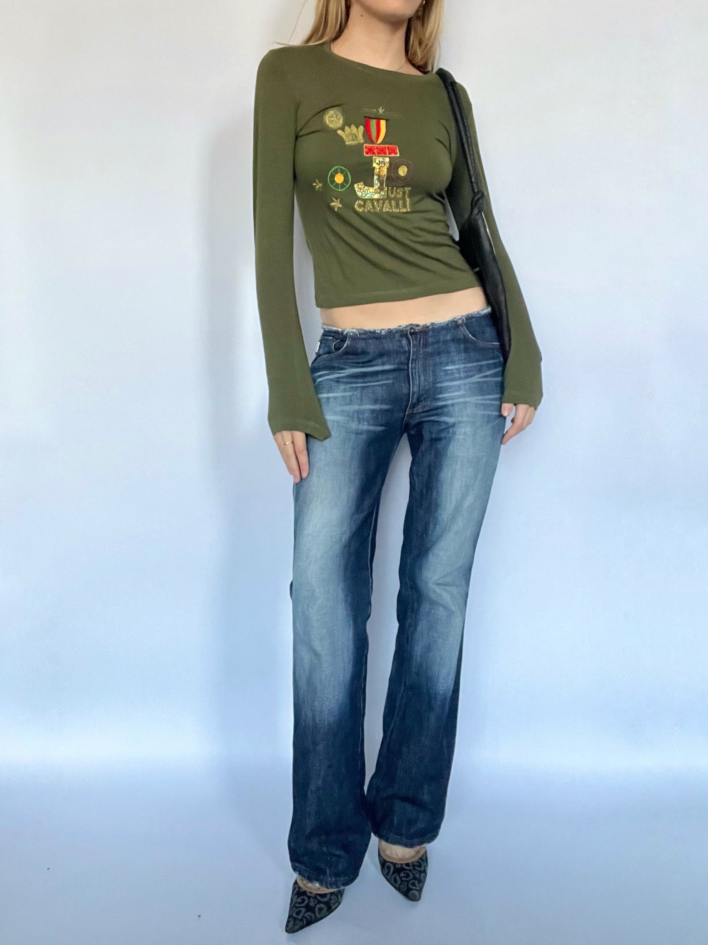 Just Cavalli khaki military graphic long sleeve top
