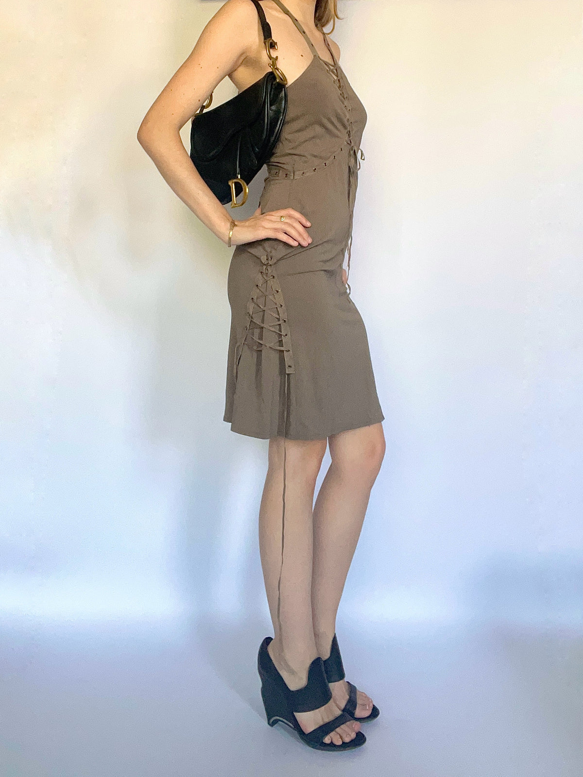Slinky khaki green lace up halter neck mini dress