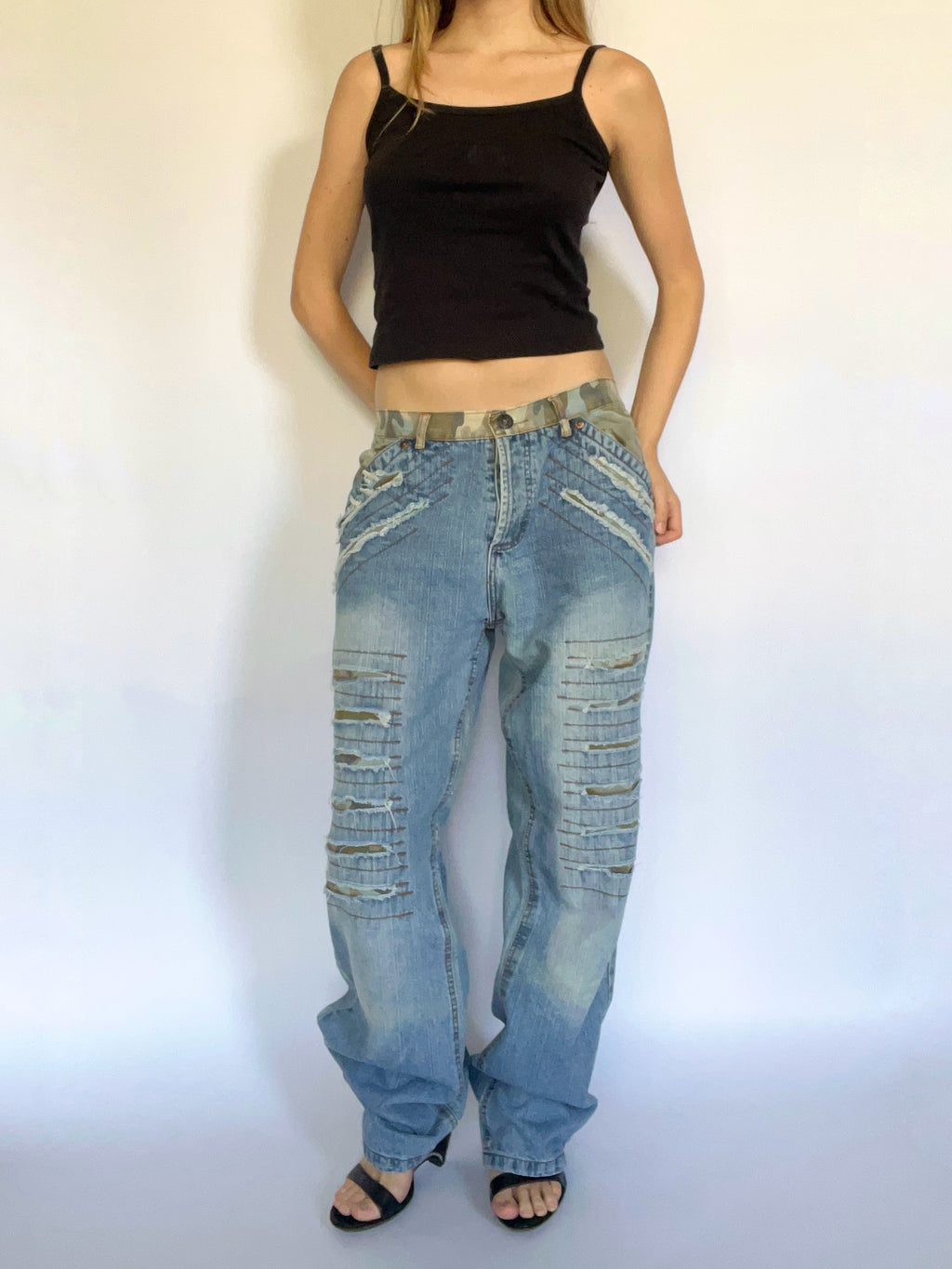 Camo distressed straight leg jeans